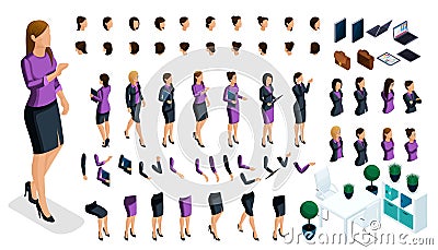 Isometric set for creating your character, a large set of gestures of hands and feet of a woman, a business lady Vector Illustration