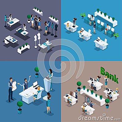 Isometric. Set of 3D illustration for website. Customer service in the bank, work in a sewing workshop, issuing loans to Vector Illustration