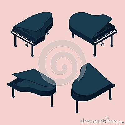 Isometric set of different foreshortening of grand piano. Black musical instrument on pink background Stock Photo