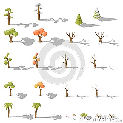 Isometric set of different low poly trees and shrubs Vector Illustration