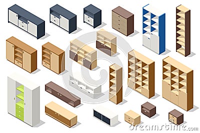 Isometric set of different stylish commodes and modern wardrobes isolated on white. Furniture for wardrobe Vector Illustration