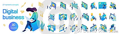 Isometric Set Digital Business Concepts. Creative teams solve business problems. Businessmen and Businesswomen. For Vector Illustration