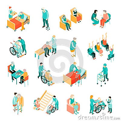 Elderly People Nursing Home Isometric Set Vector Illustration