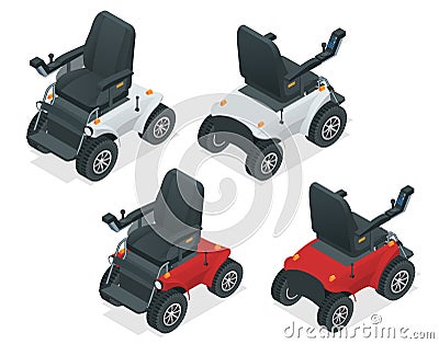 Isometric set of electric wheelchair. New large motorized electric wheelchair. Mobile scooter. Vector Illustration