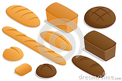 Isometric set of Fresh Crusty Breads. Whole grain rye and wheat bread. Homemade fresh baked various loaves of wheat and Vector Illustration