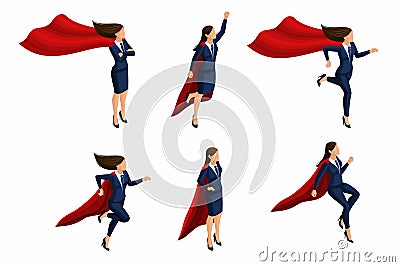 Isometric Set of girls, 3d business lady, super woman, super hero. Business suit, raincoat. Office worker with super abilities Vector Illustration