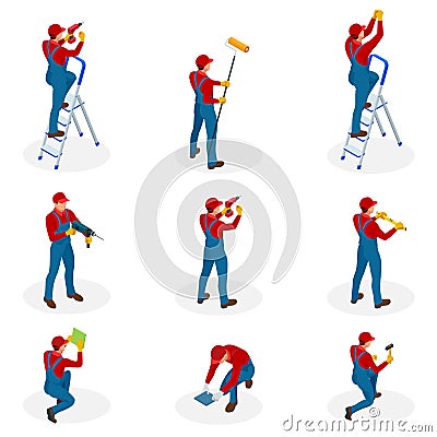 Isometric set with Home repair workers doing maintenance, industrial contractors workers people. Isolated over white Vector Illustration