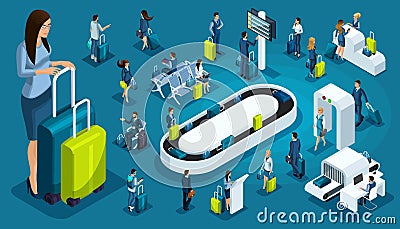 Isometric set international airport icons, passengers with luggage, big business lady on a business trip, transit zone, air lines Vector Illustration