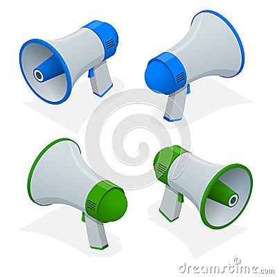 Isometric set of megaphone, bullhorn, loudspeaker isolated on white background. Vector Illustration