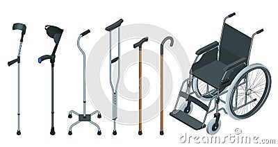 Isometric set of mobility aids including a wheelchair, walker, crutches, quad cane, and forearm crutches. Flat Vector Illustration
