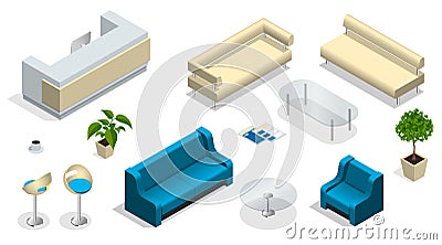 Isometric set of modern office furniture. Modern office interior with a reception desk. furniture, office. Vector Illustration