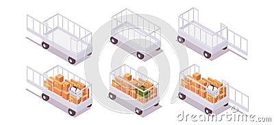 Isometric set open airport baggage trailer baggage cart, luggage carts, luggage trolleys full and empty, with open door Stock Photo