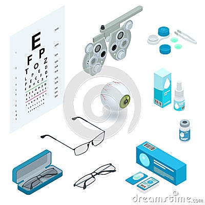 Isometric set of Ophthalmology and eye care icons. Medical health equipment. Check eyesight for eyeglasses diopter. Vector Illustration
