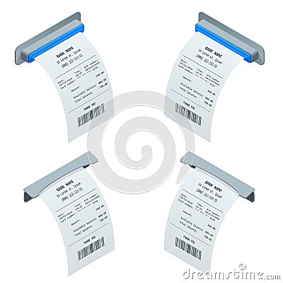 Isometric set of paper check and financial check isolated. Cash register sales receipts printed on thermal rolled paper Vector Illustration