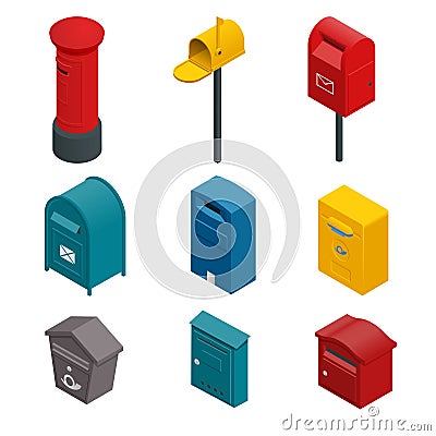 Isometric set of a post box or written postbox, collection box, mailbox, letter box or drop box. Flat vector colourful Vector Illustration