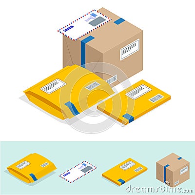 Isometric set of Post Office, attributes of postal service, point of correspondence delivery icons. Postal services icon Vector Illustration