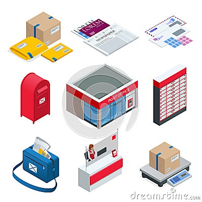 Isometric set of Post Office, Postman, envelope, mailbox and other attributes of postal service, point of correspondence Vector Illustration