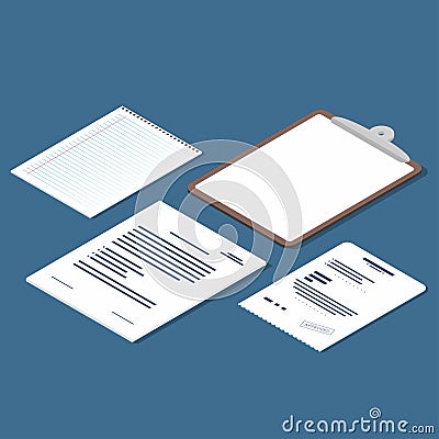 Isometric set of receipt, contract, clipboard, blank lined paper sheet. Official documents icons Vector Illustration