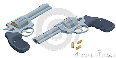 Isometric set revolvers firearms guns. Pistol revolver isolated on white background. Vector Illustration