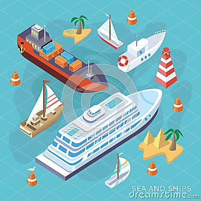 Isometric Set Ships. Sea Transport Vector Illustration