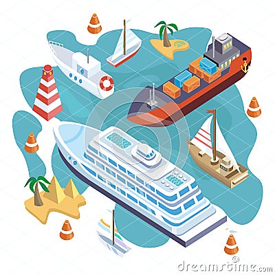 Isometric Set Ships. Sea Transport Vector Illustration