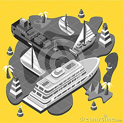 Isometric Set Ships. Sea Transport Vector Illustration