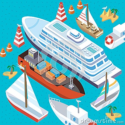 Isometric Set Ships. Sea Transport Vector Illustration