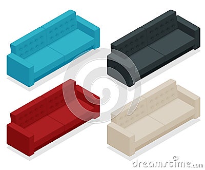 Isometric set of sofa. Modern red, black, white, blue sofa Vector Illustration