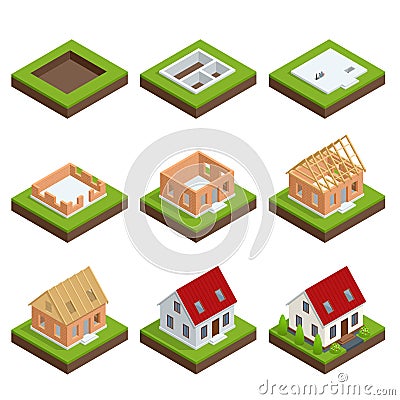 Isometric set stage-by-stage construction of a brick house. House building process. Vector Illustration