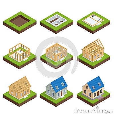 Isometric set stage-by-stage construction of a blockhouse. House building process. Foundation pouring, construction Vector Illustration