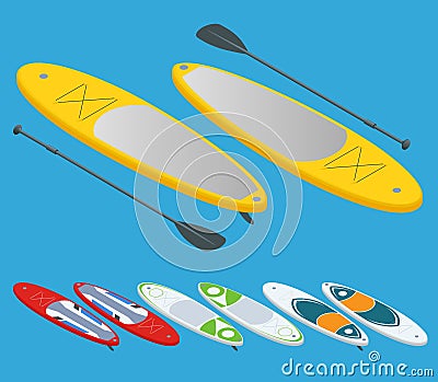 Isometric set of Stand up paddle surfing and stand up paddle boarding isolated on white Water sport concept. Active Vector Illustration