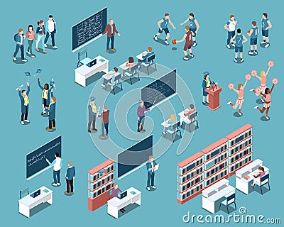 University Isometric Set Vector Illustration