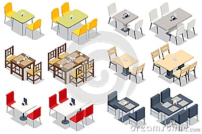 Isometric Set of Table and Chair Isolated on White Background. Fast Food Court, Restaurant Interior, Catering, Shopping Vector Illustration