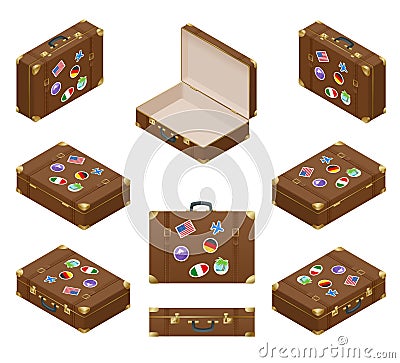 Isometric set of Travel Suitcases with stickers Vector Illustration