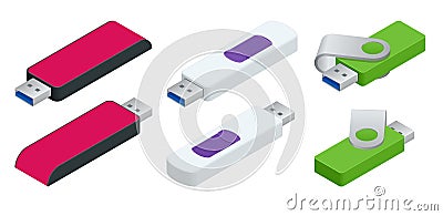 Isometric set of USB flash drives. USB memory stick isolated on white. Thumb drive, gig stick, disk key, disk on key Vector Illustration