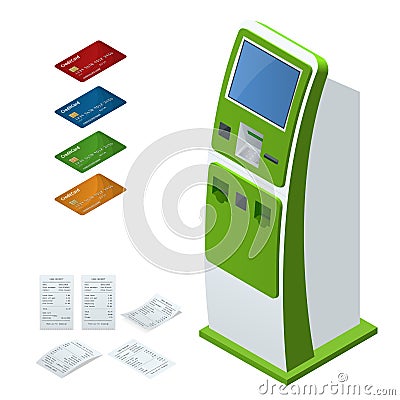 Isometric set vector online payment systems and self-service payments terminals, debit credit card and cash receipt. NFC Vector Illustration