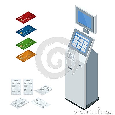 Isometric set vector online payment systems and self-service payments terminals, debit credit card and cash receipt. NFC Vector Illustration