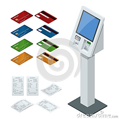 Isometric set vector online payment systems and self-service payments terminals, debit credit card and cash receipt. NFC Vector Illustration