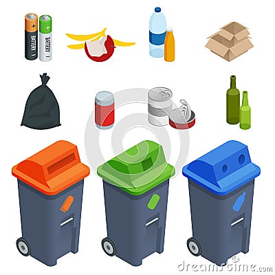 Isometric set of waste sorting cans, segregation. Separation of waste on garbage cans. Disposal. Coloured waste bins for Vector Illustration