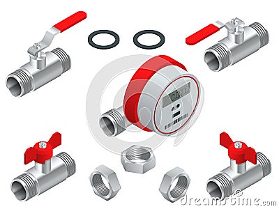 Isometric set of water meter for warm water with pipeline. Vector illustration Counters isolated on white background Vector Illustration