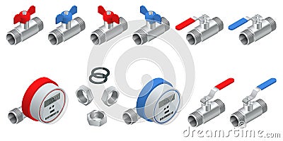 Isometric set of water meters for cold and warm water with pipeline. Vector illustration Counters isolated on white Vector Illustration