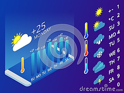 Isometric set of weather application design elements. Weather symbols, design for a mobile application weather forecast Vector Illustration