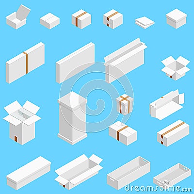 Isometric set of white cardboard box isolated on cian background. Isoleted vector illustration. Open and close empty Vector Illustration