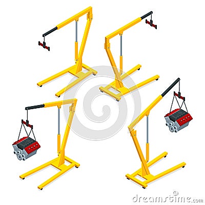 Isometric set of yellow garage crane or auto service lift for the car engine. Car maintenance vehicles diagnostics and Vector Illustration