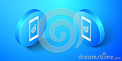 Isometric Setting on smartphone screen icon isolated on blue background. Mobile and gear. Adjusting app, set options Vector Illustration