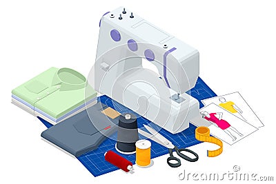 Isometric sewing workshop collection. Textile industry. Sewing accessories and fabric on a white background. Tailoring Vector Illustration