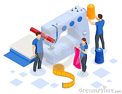 Isometric sewing workshop collection. Textile industry. Sewing accessories and fabric on a white background. Tailoring Vector Illustration