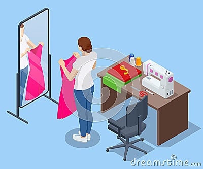 Isometric sewing workshop collection. Textile industry. Sewing accessories and fabric on a white background. Tailoring Vector Illustration