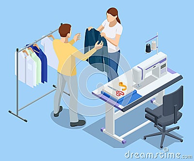 Isometric sewing workshop collection. Textile industry. Sewing accessories and fabric on a white background. Tailoring Vector Illustration