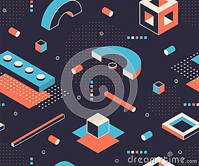 Isometric shapes pattern. Geometric minimal background, abstract construction graphic elements. Vector isometric poster Vector Illustration